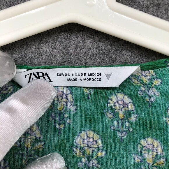 Zara Maxi Dress Womens XS Green Boho Print Ruffle Short Sleeve V-Neck Relaxed - Picture 6 of 10